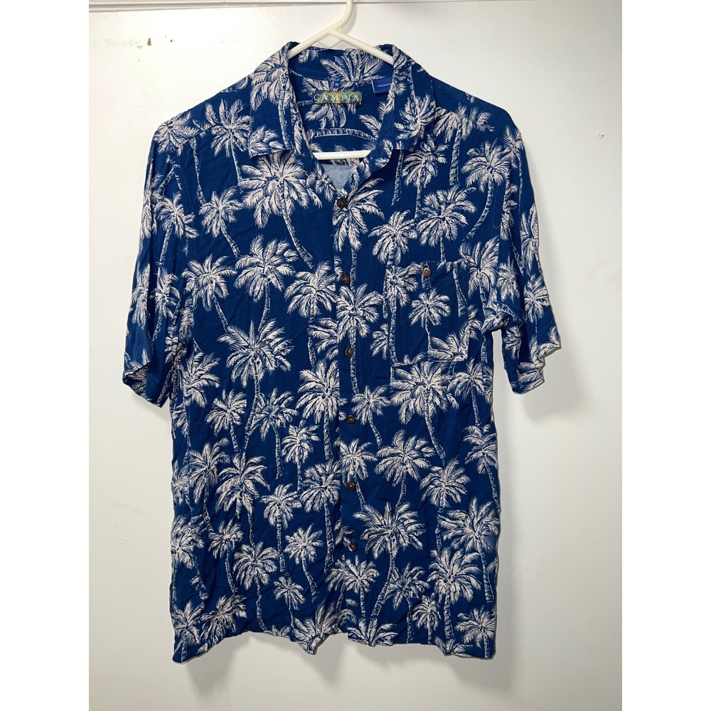 Campia Moda Mens Navy Blue Palm Tree Tropical Rayon Aloha Camp Shirt Size M - Picture 2 of 5